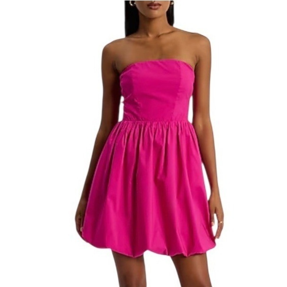 Express Fit & Flare Mini Dress Women‎ M Pink Strapless Bubble Hem Pockets Party